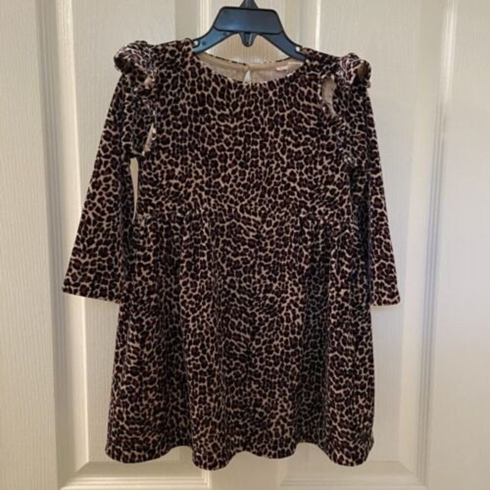Crewcuts J Crew Ruffle Shoulder Dress in Leopard Velvet Girls Size 3